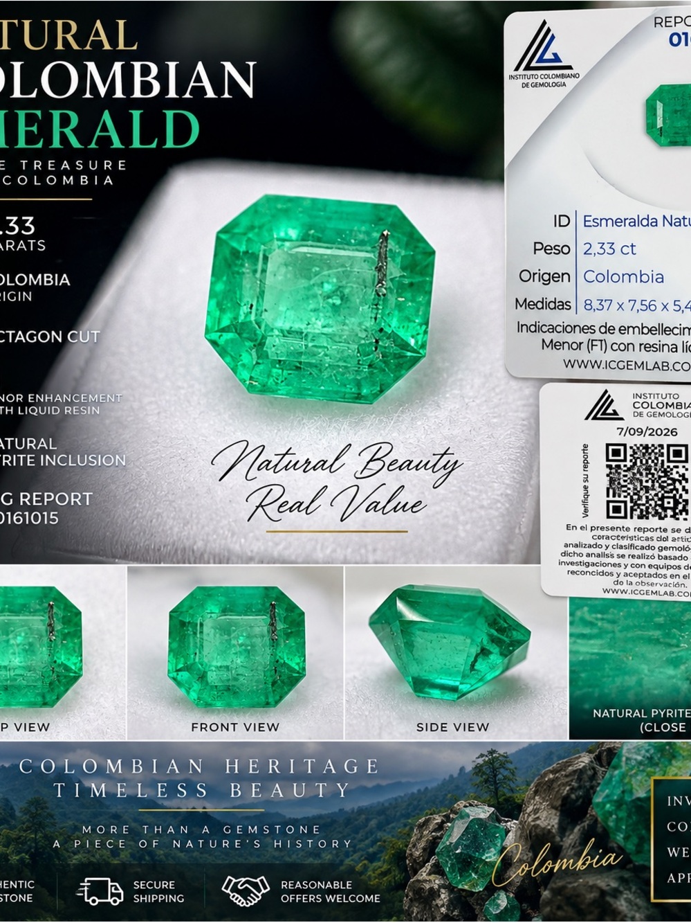 2.33 Ct Natural Colombian Emerald Octagon Cut F1 Minor Resin Pyrite ICG Report